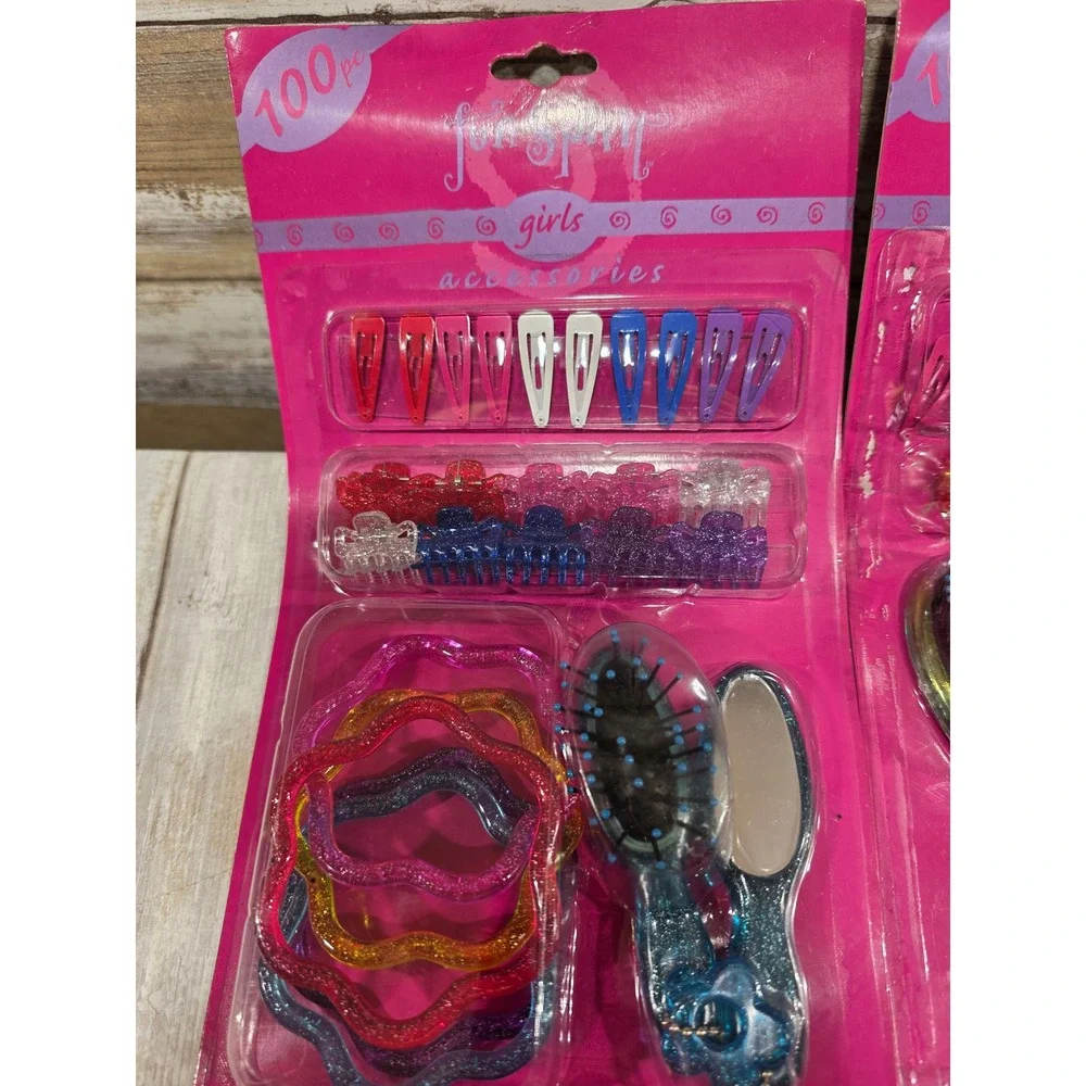 2- Vtg Fun Spirit Girls Hair Accessories 100pc Set Brush Mirror Clips Ties Clips